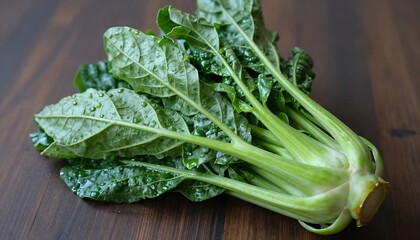 Fresh bunch of vibrant green leafy vegetables on a dark wooden surface