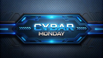 Cyber Monday futuristic blue neon tech sale banner on digital metal background
