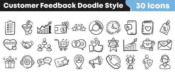Thirty hand drawn doodle style icons representing customer feedback satisfaction service quality and business metrics for marketing design on transparent background © Vectoravec