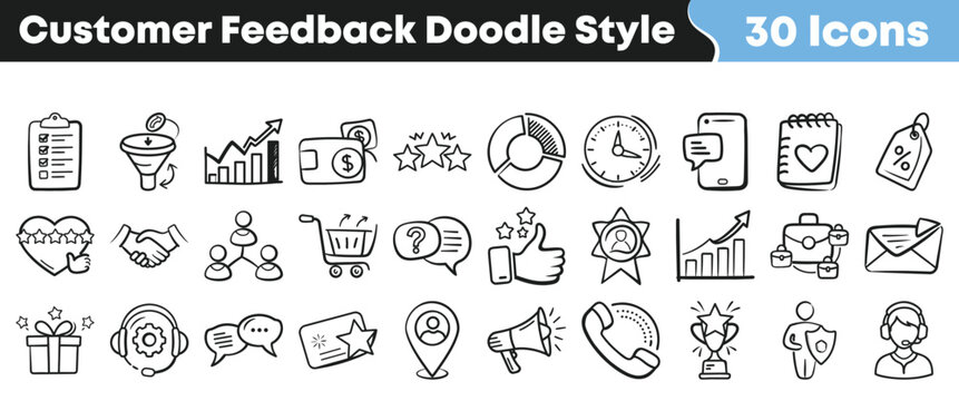Thirty hand drawn doodle style icons representing customer feedback satisfaction service quality and business metrics for marketing design on transparent background