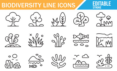 Biodiversity and nature line icons vector set.