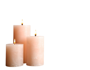 Set of three elegant pink candles with flames