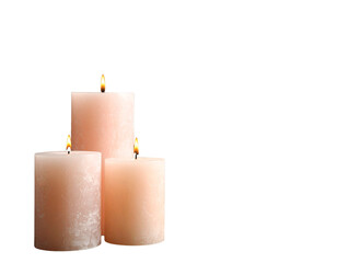 Set of three elegant pink candles with flames