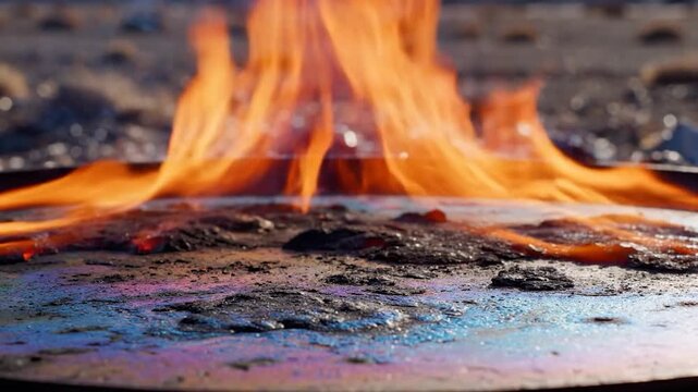 Flames erupting from grate over dark surface