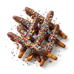 chocolate-dipped pretzels white background
