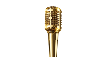 A shimmering gold vintage microphone stands out against an isolated white transparent background 