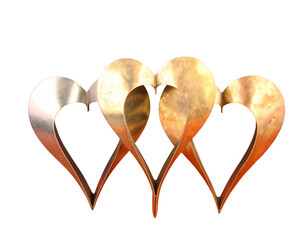 Three metallic heart shapes with varying finishes