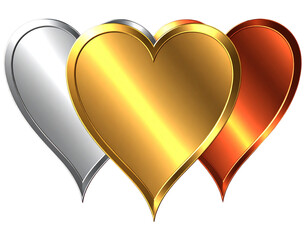Three metallic heart shapes with varying finishes