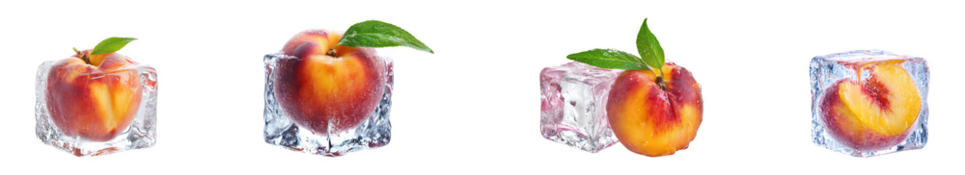 Peaches in ice cube isolated. frozen peaches collection