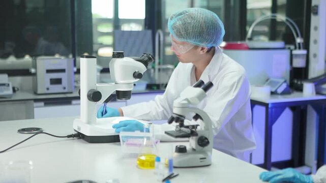 Scientists work in laboratory with microscopes on research tasks in a modern facility