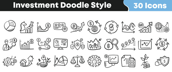 Collection of thirty hand drawn doodle style icons representing various concepts related to finance investment growth and economic analysis on transparent background