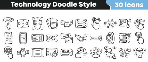 Thirty hand drawn technology doodle icons representing digital interaction security data flow and user interface elements in black outline style on transparent background