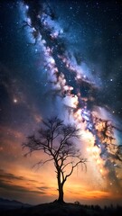 A tree silhouette under a vibrant, starry sky with the Milky Way and a colorful horizon.