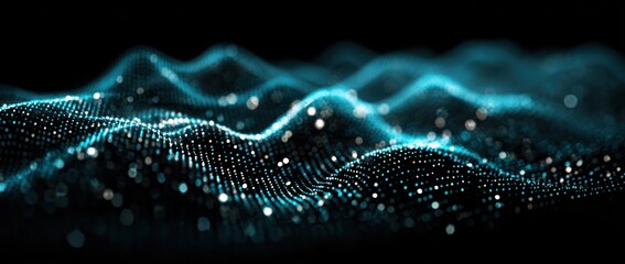 Abstract digital data visualization with flowing particles on a dark background