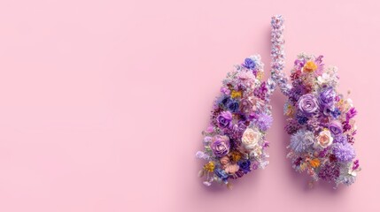 Flower arrangement shaped like human lungs on pink background