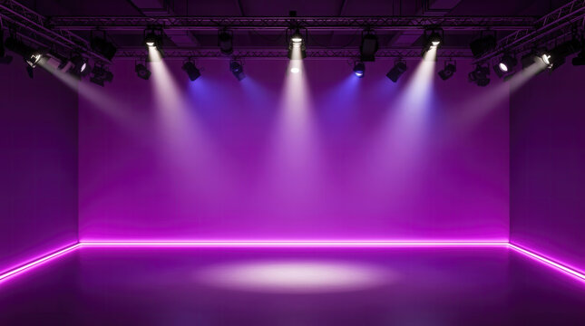 Vibrant purple stage illuminated by multiple spotlights and neon lighting, creating a captivating atmosphere for a future performance or event.