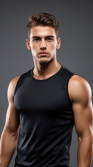 Fototapeta premium Confident young man in a black tank top displaying physical fitness and masculine strength on a solid grey background.