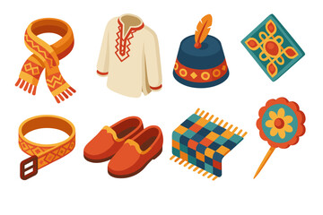 Collection of Traditional Ethnic Clothing and Accessories Featuring a Scarf Hat Shoes Belt Rug and Mirror in Vibrant Colors and Geometric Patterns
