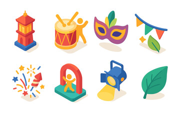 Collection of Pixelated Isometric Icons Representing Celebration and Events Including Festival Lantern Drum Party Mask Bunting Firework Archway Spotlight and Leaf Element Set on Black Background