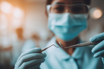 A dentist dressed in a blue uniform and mask is preparing dental tools before starting a patient examination in the clinic