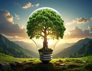 A large tree inside a light bulb glows amidst green hills and a serene sky at sunset