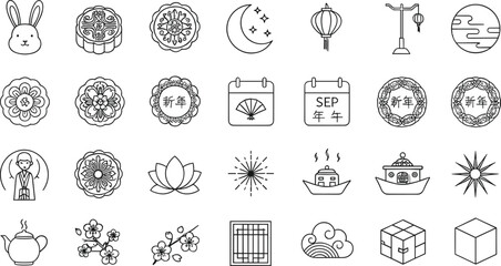 Chinese Mid Autumn Festival Line Icon Vector Set with Moon, Lanterns, Rabbits, Flowers, Calendars, and Traditional Symbols for Cultural Design Projects