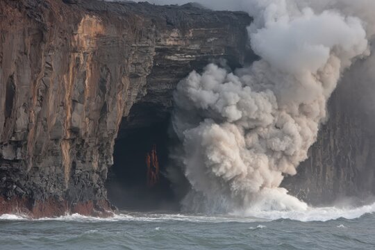 Lava flows into the ocean, creating gray smoke and ash near a rugged cliff. The waves crash against the rocky shoreline - Powered by Adobe