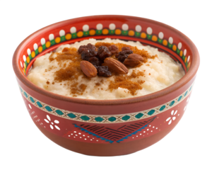 Arroz con Leche Rice Pudding in Red Clay Bowl PNG Transparent Background