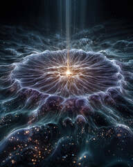 Obraz premium Glowing neural network core with cascading data streams and light beams symbolizing artificial intelligence and advanced medical information synthesis in futuristic dark blue environment