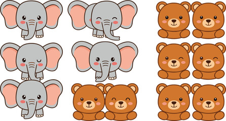 Cute Baby Elephant and Teddy Bear Character Vector Set with Adorable Cartoon Animals for Kids Illustrations, Nursery Designs, Stickers, and Children Branding