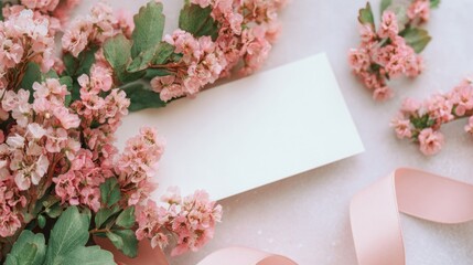 Flowers and ribbon with a blank card for messages on a table setting