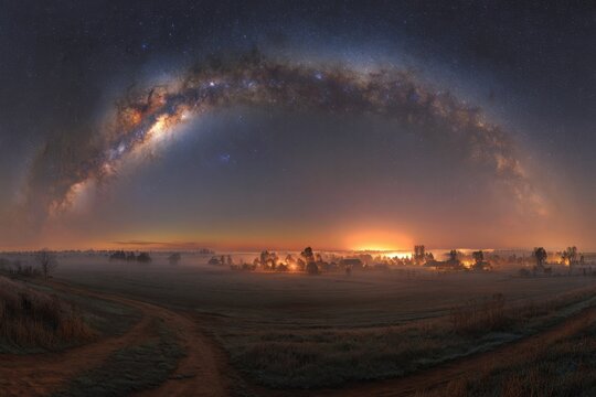 Stars light up the night as the Milky Way arches over a small village near a field. The scene shows a calm evening with warm lights - Powered by Adobe