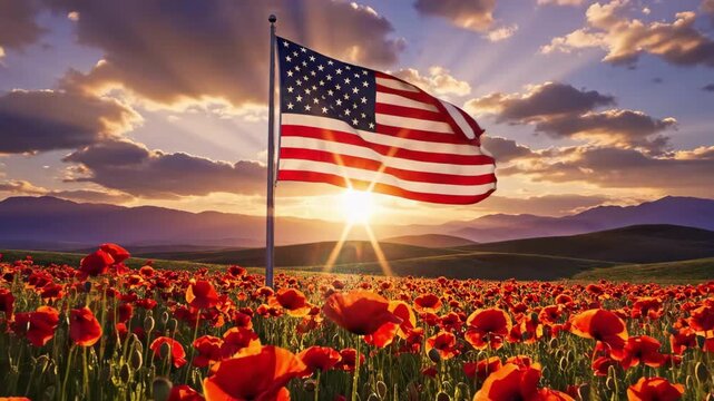 Patriotic American flag waving on a pole in a field of red poppy flowers at sunset with sun rays, symbolizing Memorial Day, Veterans Day, and national remembrance.
