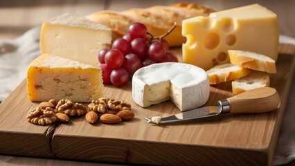 Delicious cheese assortment with grapes bread and nuts on a wooden board for a gourmet experience and cheese platter design