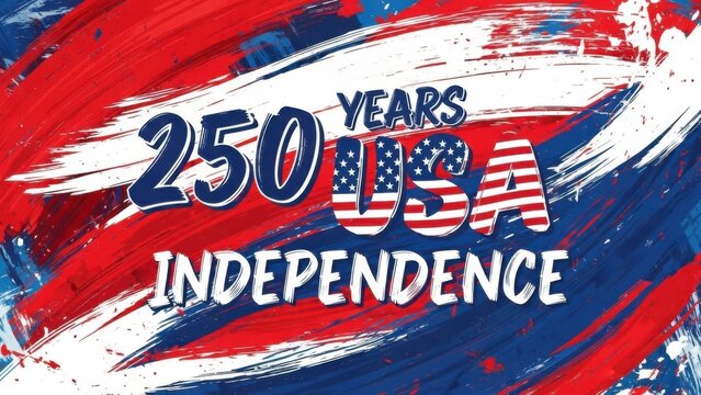 USA 250 years independence text design with American flag pattern and abstract brush strokes. Modern patriotic semiquincentennial anniversary celebration background for July 4th holiday.