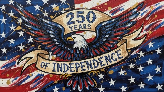 USA 250 years of independence emblem with bald eagle holding ribbon banner. Artistic American flag painting for patriotic semiquincentennial anniversary celebration holiday design art.