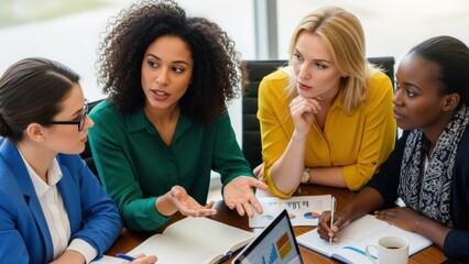 Four diverse businesswomen having a productive brainstorming meeting. Female professionals discussing charts, data, and future company strategy in a boardroom.
