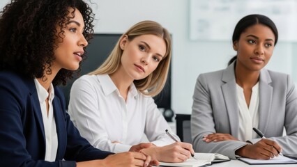 Diverse group of professional businesswomen listening attentively during a corporate meeting. Successful female team collaborating and taking notes on strategy and ideas.