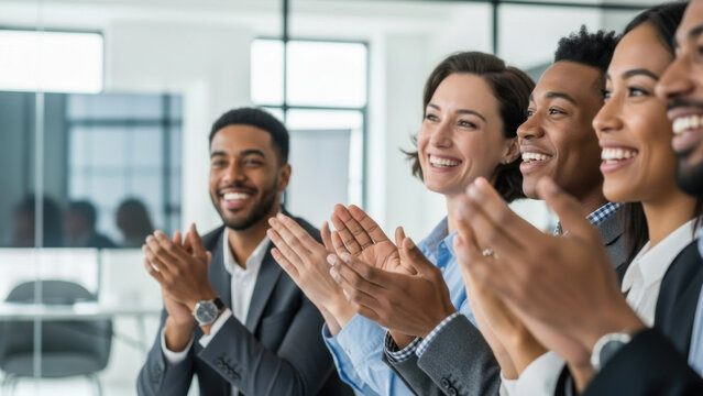 Diverse business team clapping and celebrating success in a modern office meeting. Multi-ethnic professionals applauding achievement and excellent work.