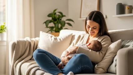 Obraz premium A loving, candid moment captured as a young mother tenderly holds and bottle-feeds her newborn baby in the soft, warm sunlight of their cozy living room, symbolizing family, bonding, and care.