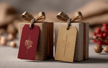 Elegant Red and Gold Gift Boxes with Tags and Soft Shadows