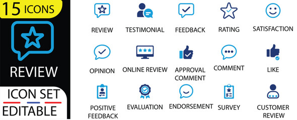 Review and Feedback Icon Set. Revew icons. Thumbs, and Testimonial UI Elements,review, Feedback, Rating, Star, Icon, Vector and more.Solid vector icons collection.