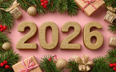 Festive Typography with Golden 2026 on Evergreen Fir Branches