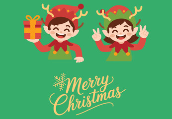 Two cartoon elves with reindeer antlers holding a gift and making peace signs christmas holiday
