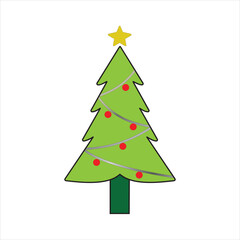 A simple and vibrant cartoon illustration of a festive christmas tree decorated with a shining star and red ornaments