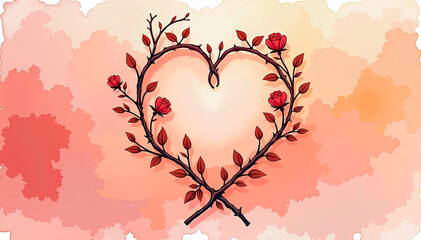 Heart-shaped thorny rose branches symbolizing adversity in love with soft background