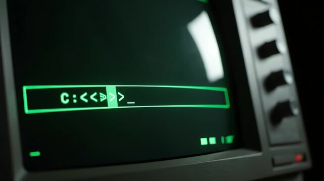 A blinking cursor on a vintage computer terminal screen, displaying a command line prompt for a retro technology concept