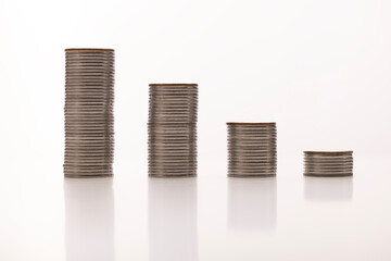 Coin on white background, stacked coins, isolated, sort by level, Thai bath