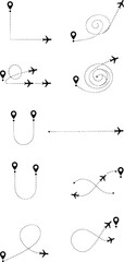 Vector Set of Dotted Line Airplane Travel Routes with GPS Pin Markers, Symbolizing Global Logistics, Planning, and Navigation