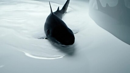 Black shark gliding through milky white liquid, cinematic perspective of the aquatic predator in abstract setting